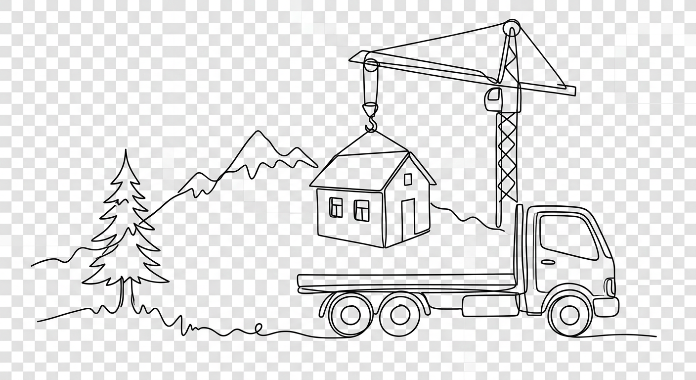 Line drawing of a small module house being lifted by a crane onto a flatbed truck, beside a pine tree and a mountain
